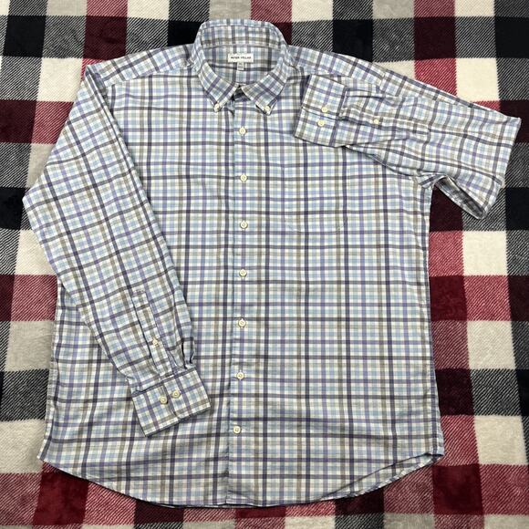 Peter Millar Shirt Men XL Blue Check Comfort Summer Long Button Down Performance - Picture 1 of 10